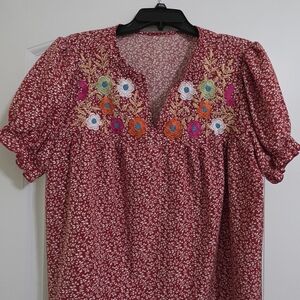 SHEIN Red Floral Embroidered Blouse